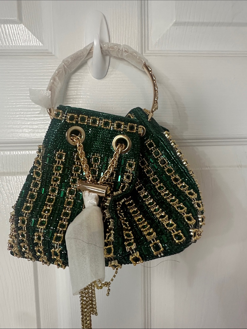 Elegant Beaded Drawstring Evening Bag - Green with Gold Accents and Gold Chain